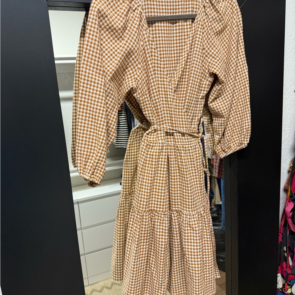 Madewell Tan Checkered Long Sleeve Dress